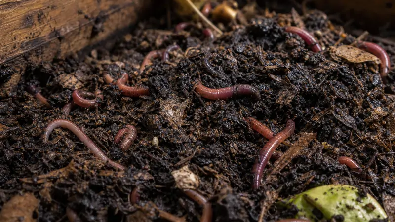 Close-up of red composting worms moving through dark, crumbly finished compost material