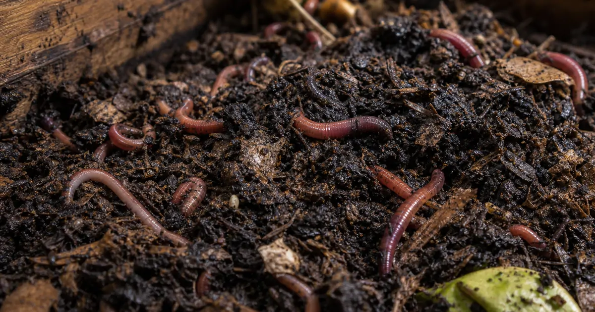 Close-up of red composting worms moving through dark, crumbly finished compost material