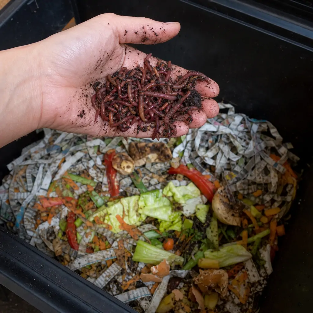 Handful of red wiggler worms held above an open compost bin filled with food scraps
