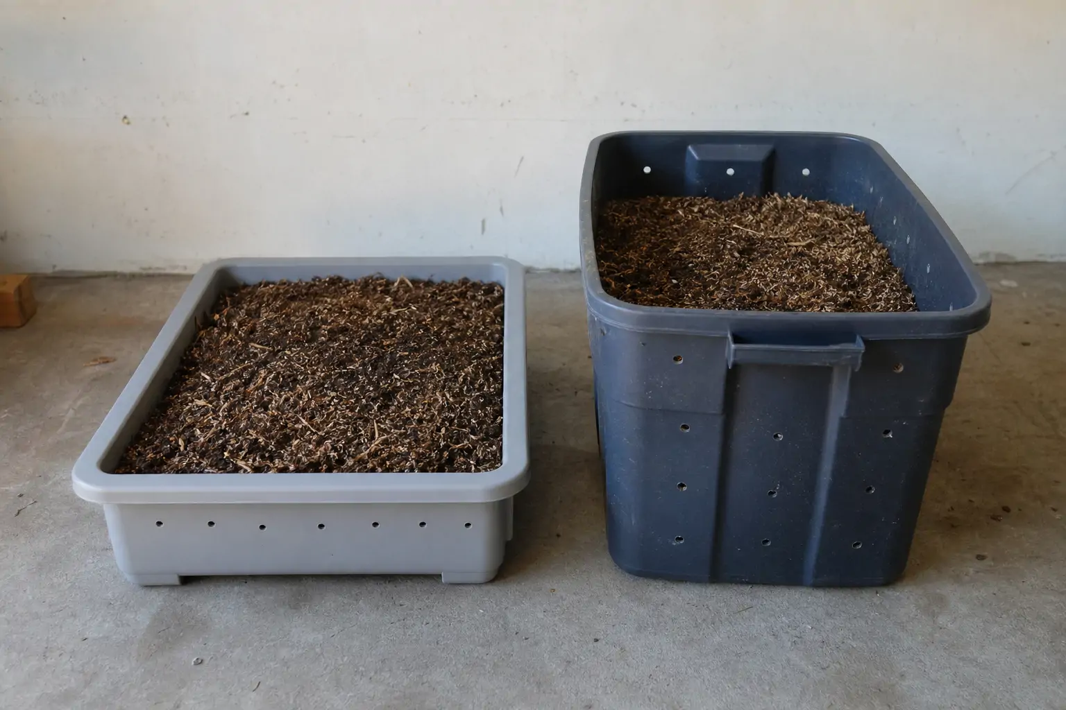Two different sized worm bins side by side showing bedding depth and space differences