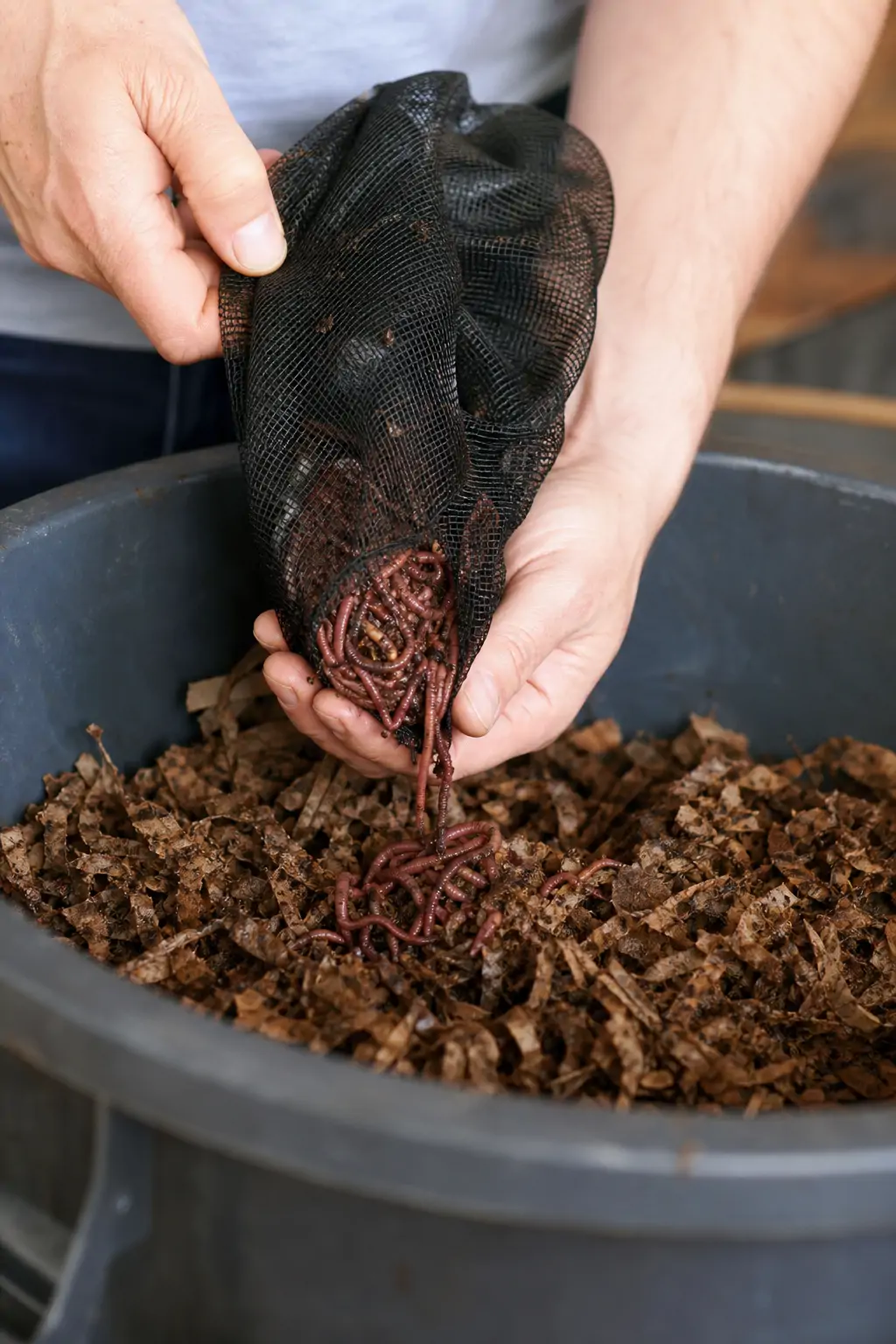 Fresh shipment of composting worms being gently added to slightly damp bedding material